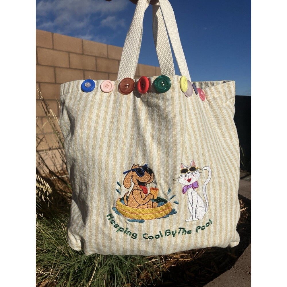 Embroidered Dog Cat Tote Bag Keeping Cool By The Pool Buttons Striped 15”